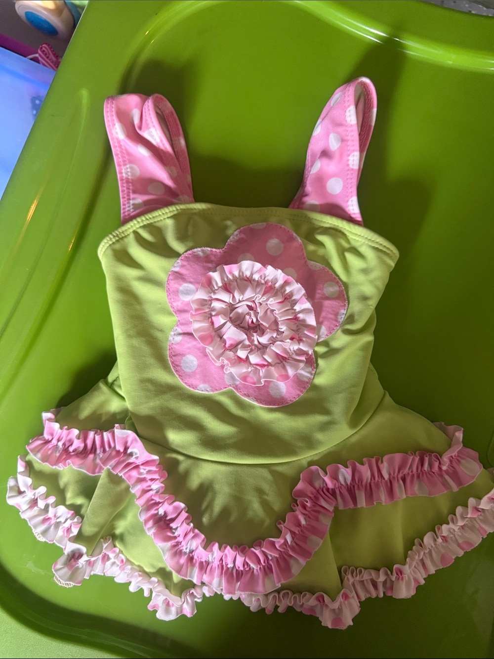 Girls Pink & Lime Flower Ruffle bathing suit